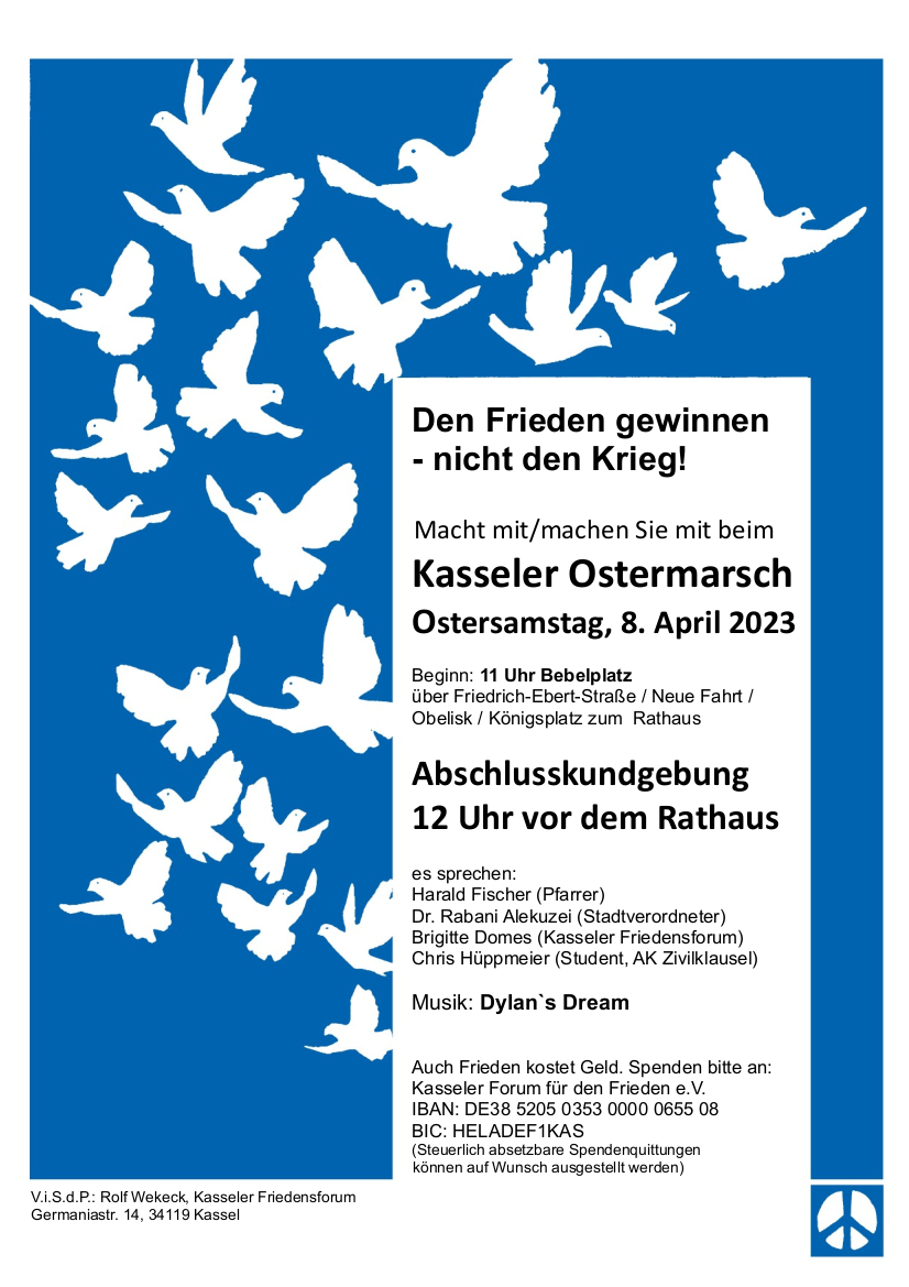 Ostermarsch 2023 in Kassel: 8. April ab 11 Uhr am Bebelplatz