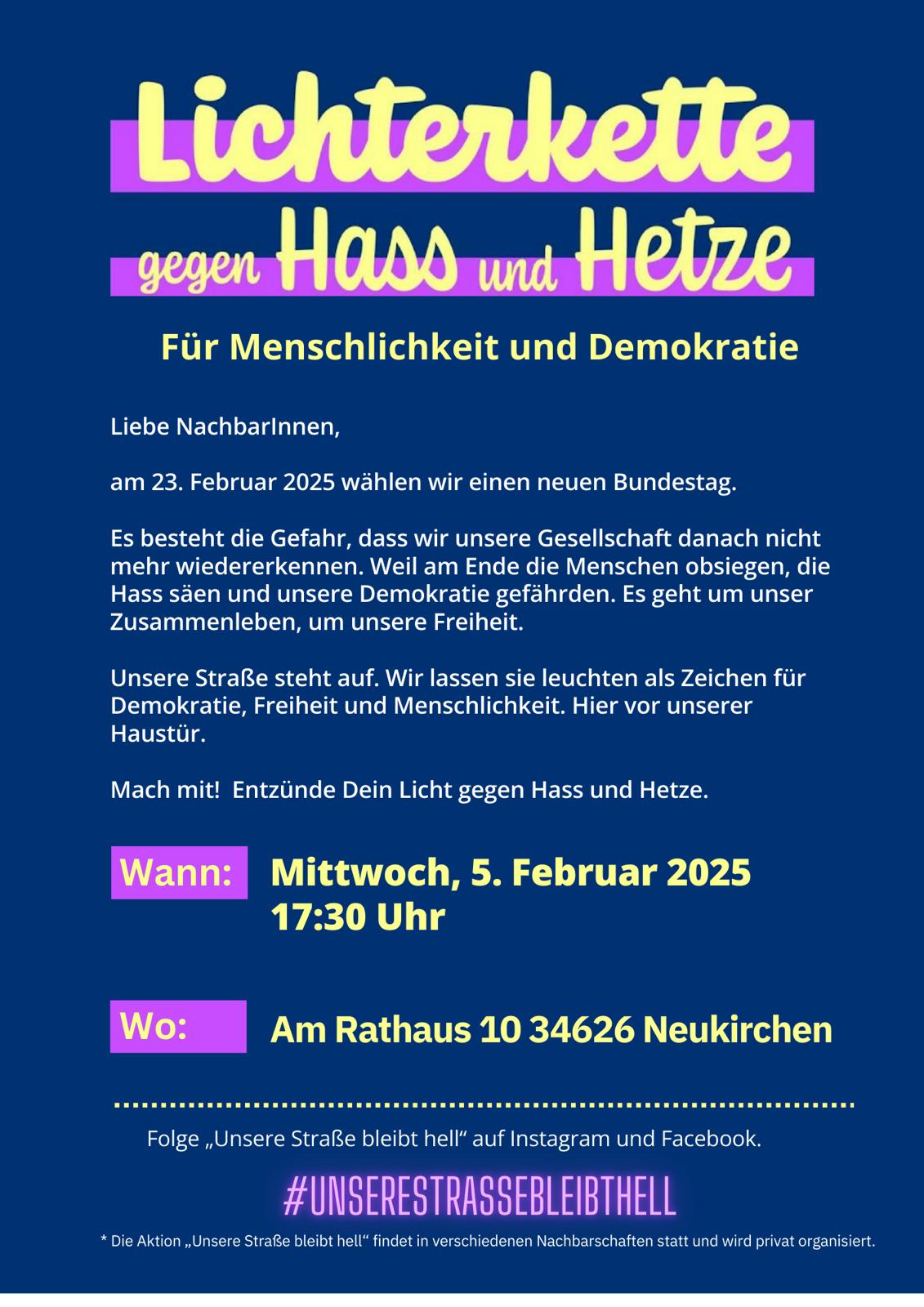 Lichterkette gegen Hass und Hetze, Neukirchen Rathaus 5.2. 17.30